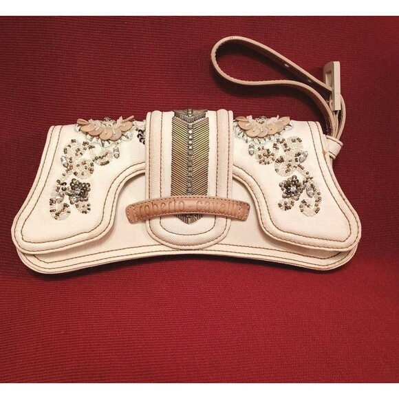 Vintage Roberto Cavalli Canvas Clutch Embellished Cream  RARE Read - Picture 1 of 16